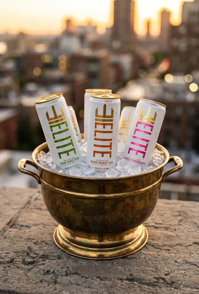 ELITE cans chilling in a brass ice bucket on a rooftop at sunset