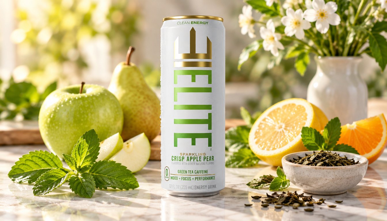 A Crisp Apple Pear ELITE Energy can surrounded by stevia leaves, citrus and green tea