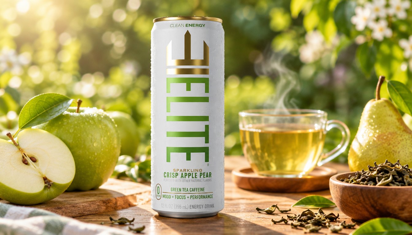 A Crisp Apple Pear ELITE Energy can beside a steaming cup of green tea