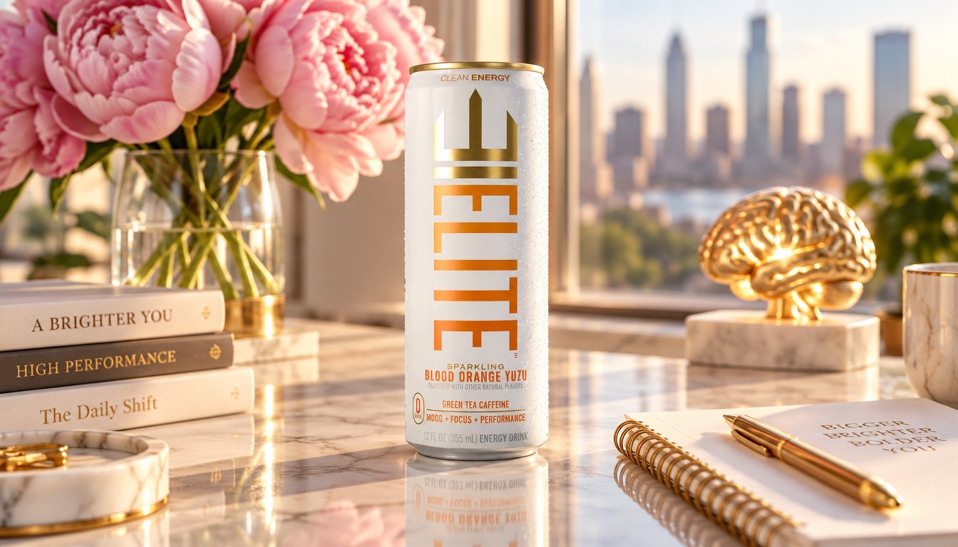 A Blood Orange Yuzu ELITE Energy can beside a glowing golden brain on a desk
