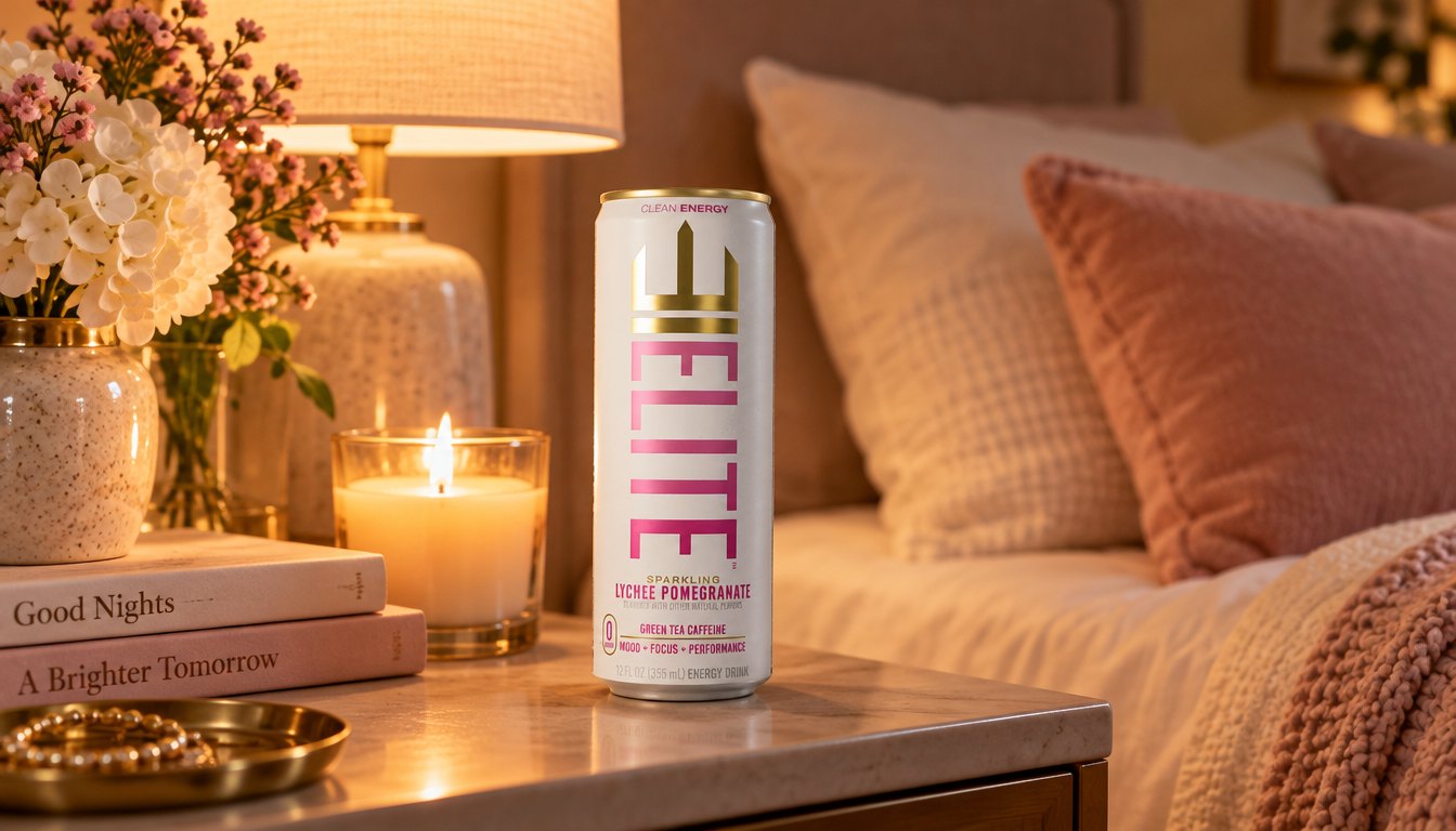 A Lychee Pomegranate ELITE Energy can on a bedside table at night beside a warm lamp