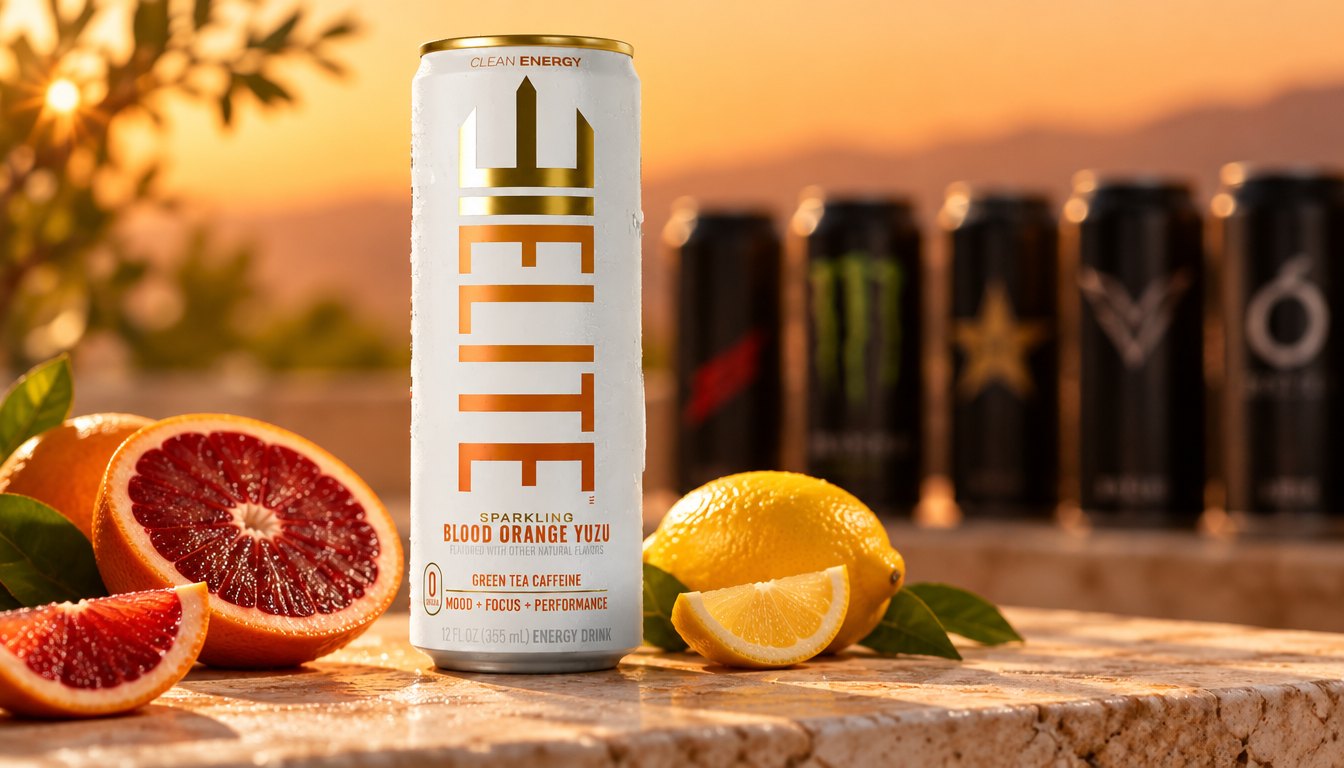 A Blood Orange Yuzu ELITE Energy can standing out among other energy drink cans