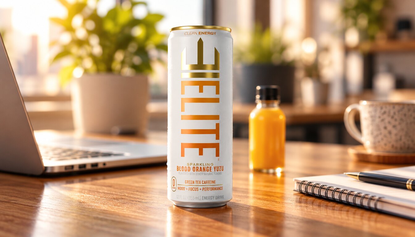 A Blood Orange Yuzu ELITE Energy can on a bright office desk, a small energy shot bottle blurred behind it
