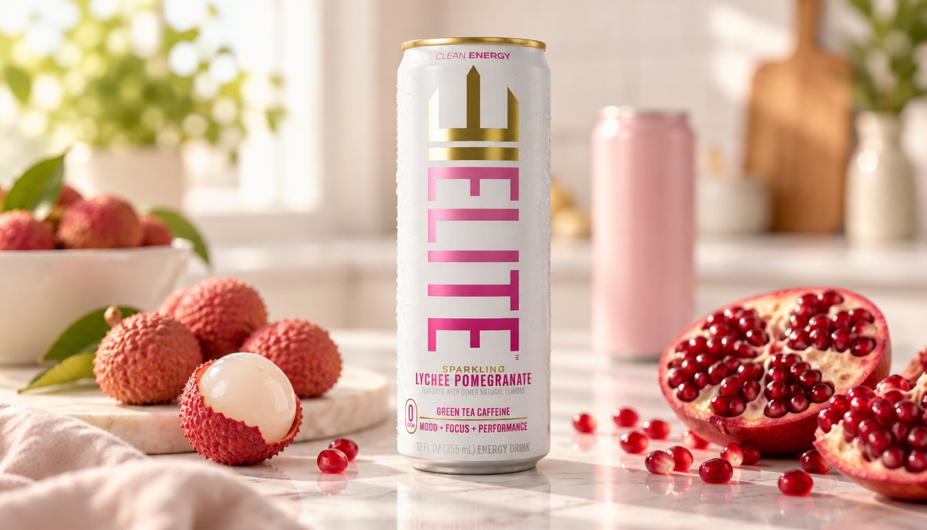 A Lychee Pomegranate ELITE Energy can beside fresh lychee and pomegranate, another energy drink blurred behind it