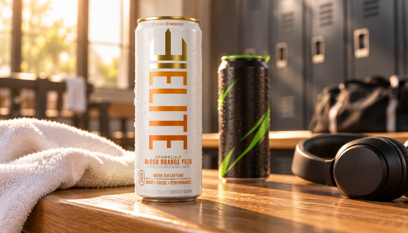 A Blood Orange Yuzu ELITE Energy can on a sunlit gym locker room bench, another energy drink blurred behind it