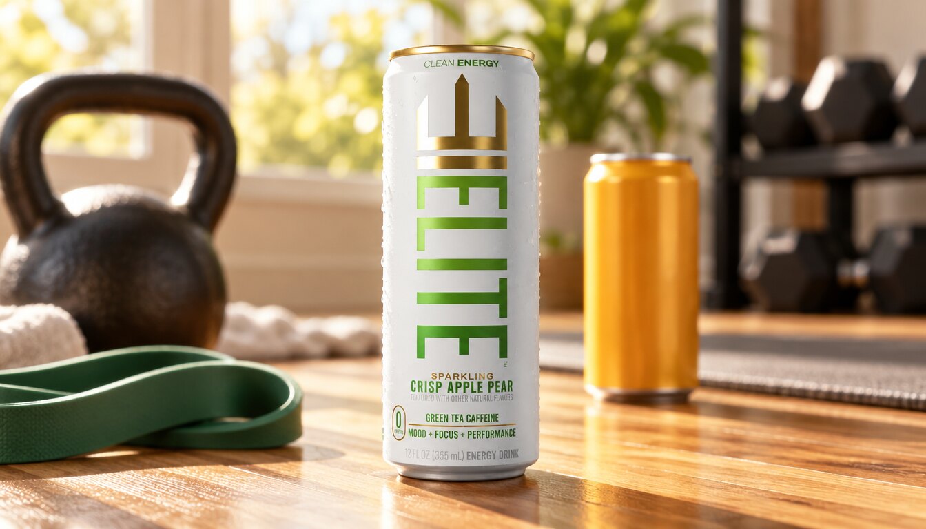 A Crisp Apple Pear ELITE Energy can in a bright home gym, another energy drink blurred behind it