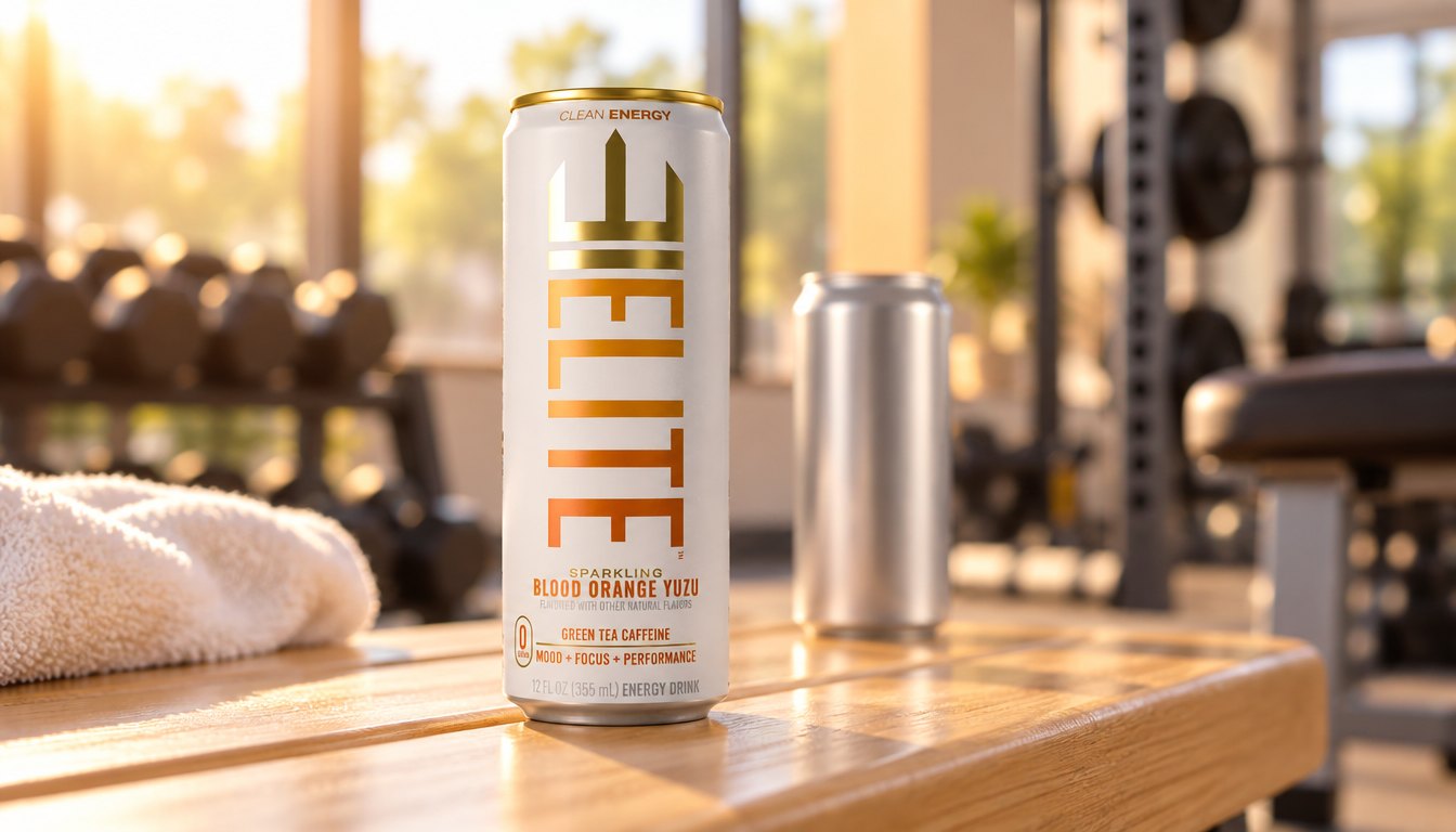 A Blood Orange Yuzu ELITE Energy can on a gym bench, another energy drink blurred behind it
