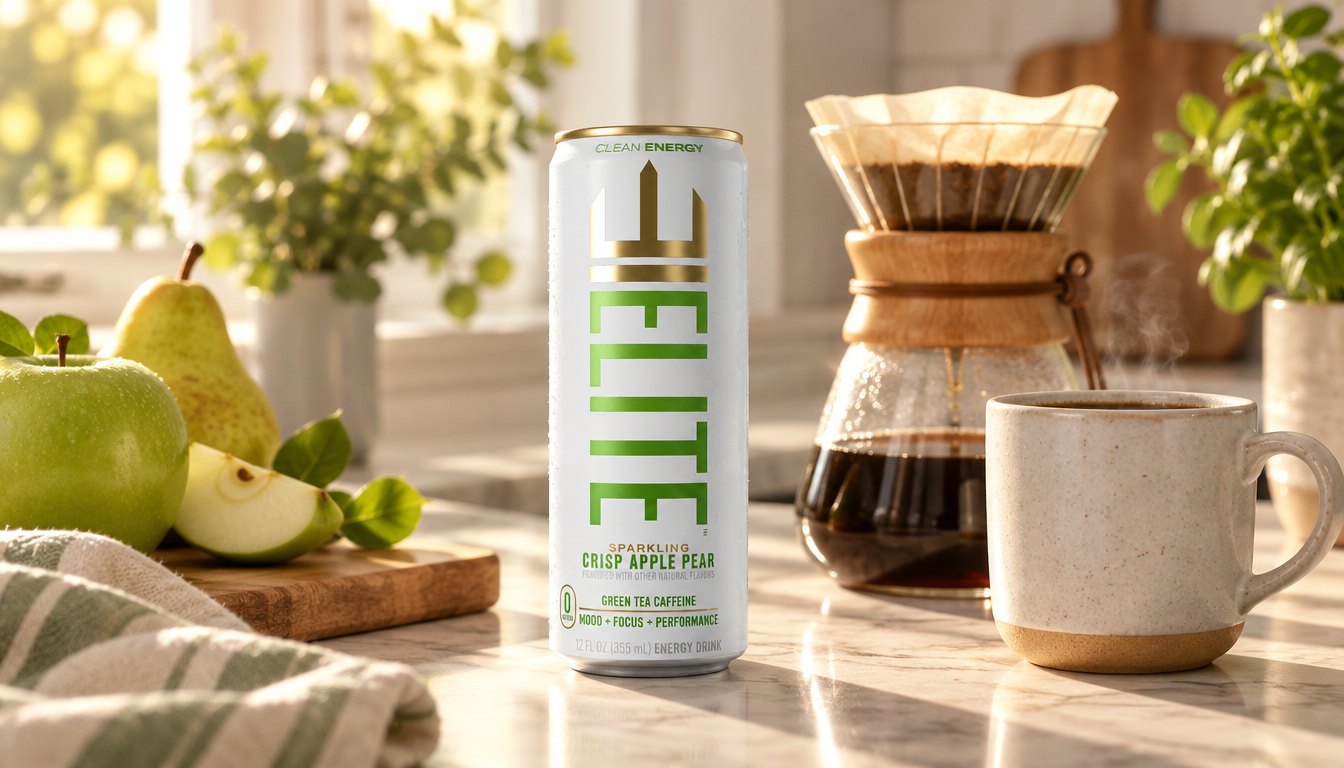A Crisp Apple Pear ELITE Energy can beside a pour-over coffee setup in a sunny kitchen