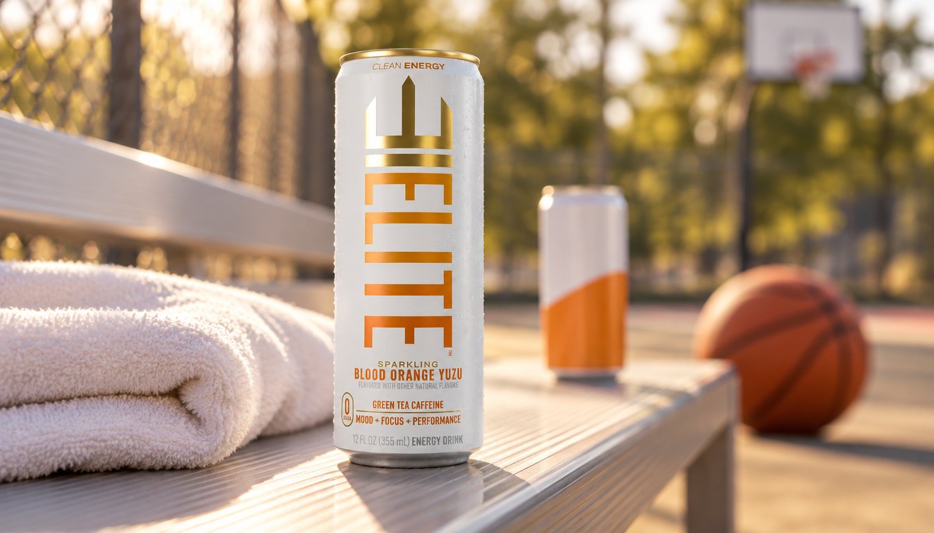 A Blood Orange Yuzu ELITE Energy can courtside at a basketball court, another energy drink blurred behind it