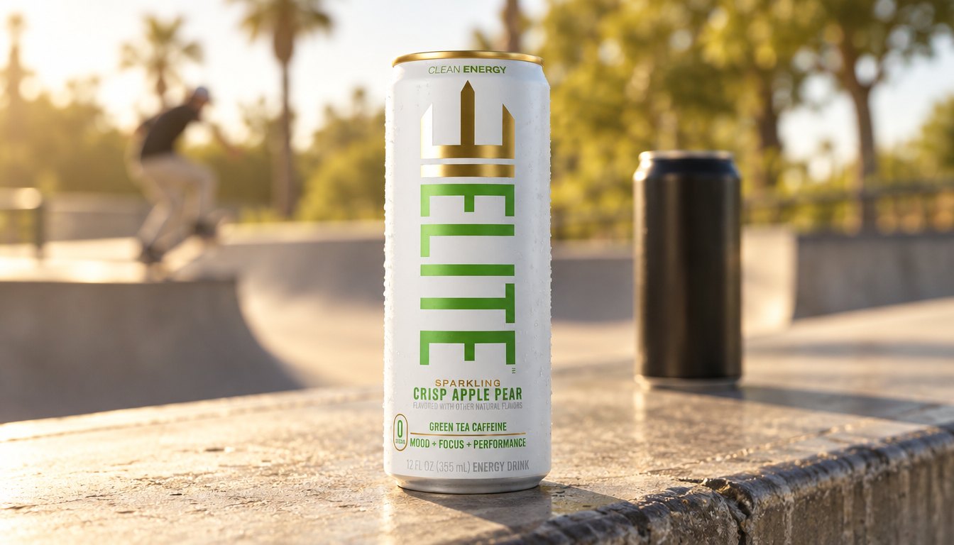 A Crisp Apple Pear ELITE Energy can at a sunny skate park, another energy drink blurred behind it