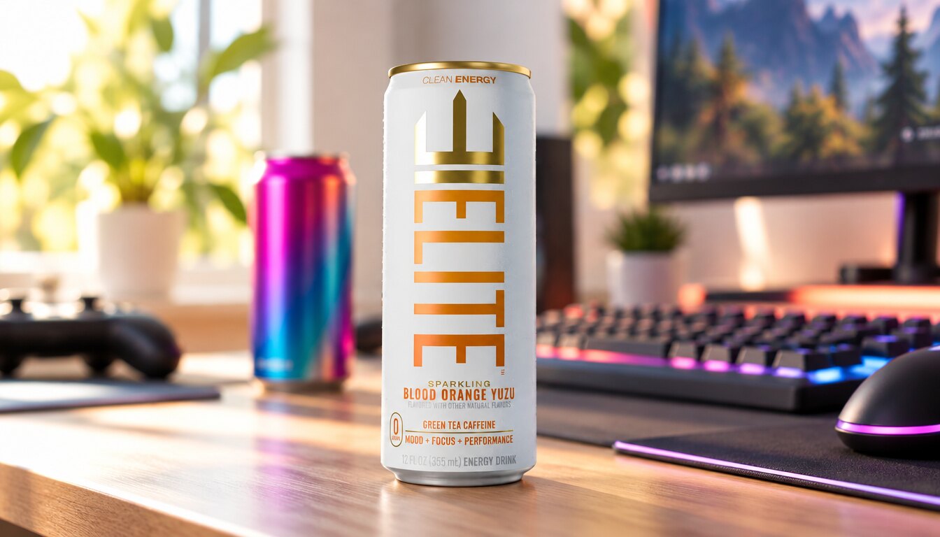 A Blood Orange Yuzu ELITE Energy can on a bright gaming desk, another energy drink blurred behind it