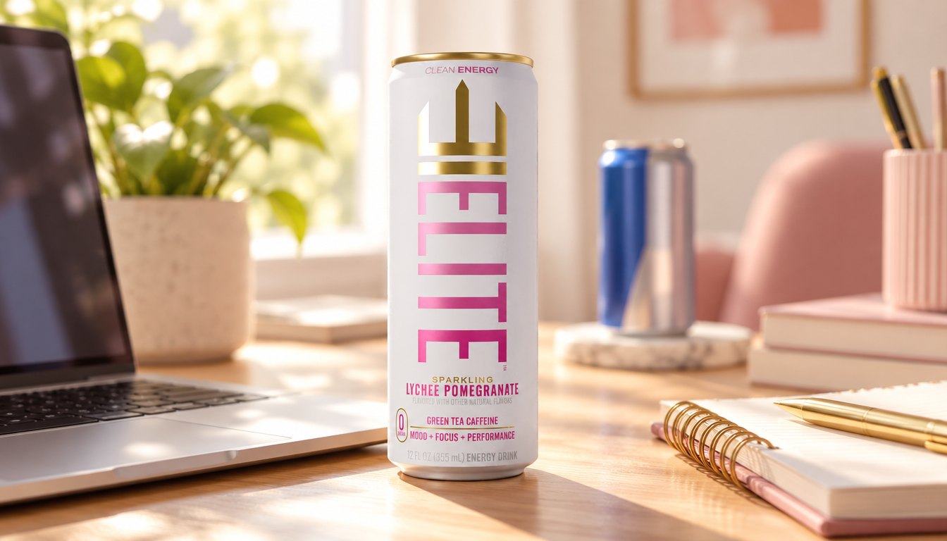 A Lychee Pomegranate ELITE Energy can on a sunlit desk, another energy drink blurred behind it