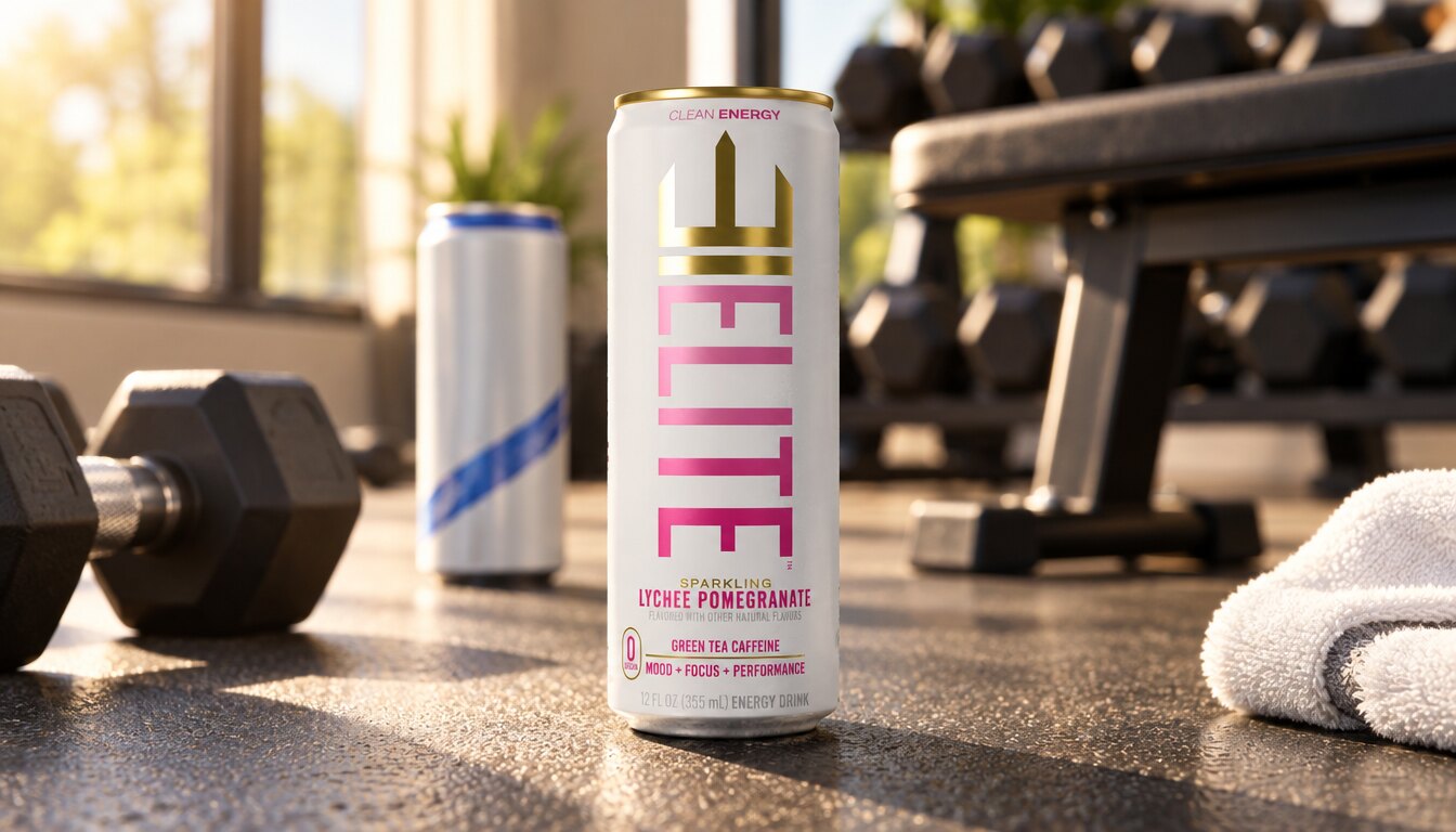 A Lychee Pomegranate ELITE Energy can on a bright gym floor with dumbbells, another energy drink blurred behind it