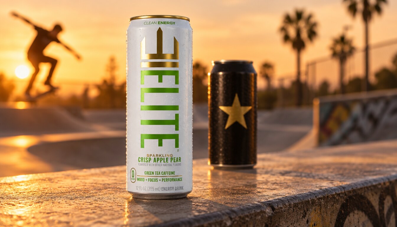 A Crisp Apple Pear ELITE Energy can on a skate park ledge at golden hour, another energy drink blurred behind it