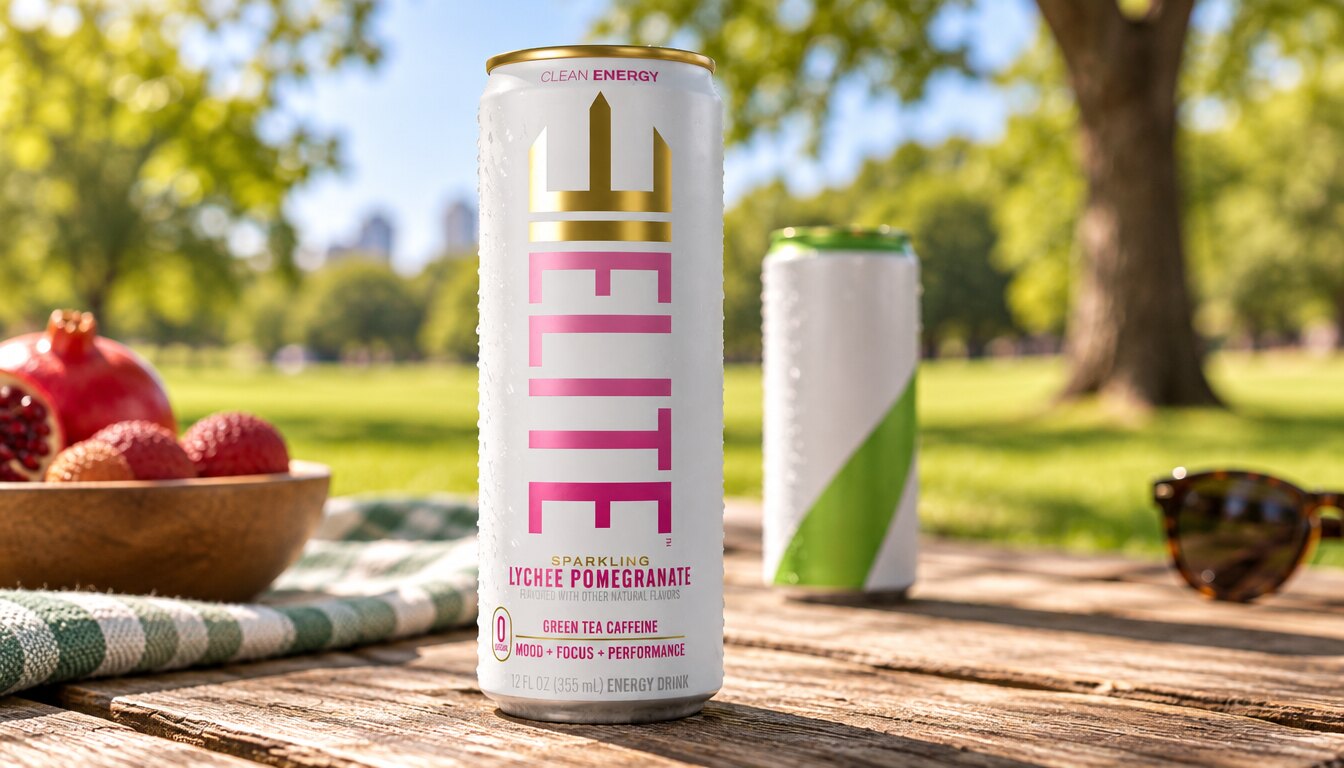 A Lychee Pomegranate ELITE Energy can on a sunny park picnic table, another energy drink blurred behind it