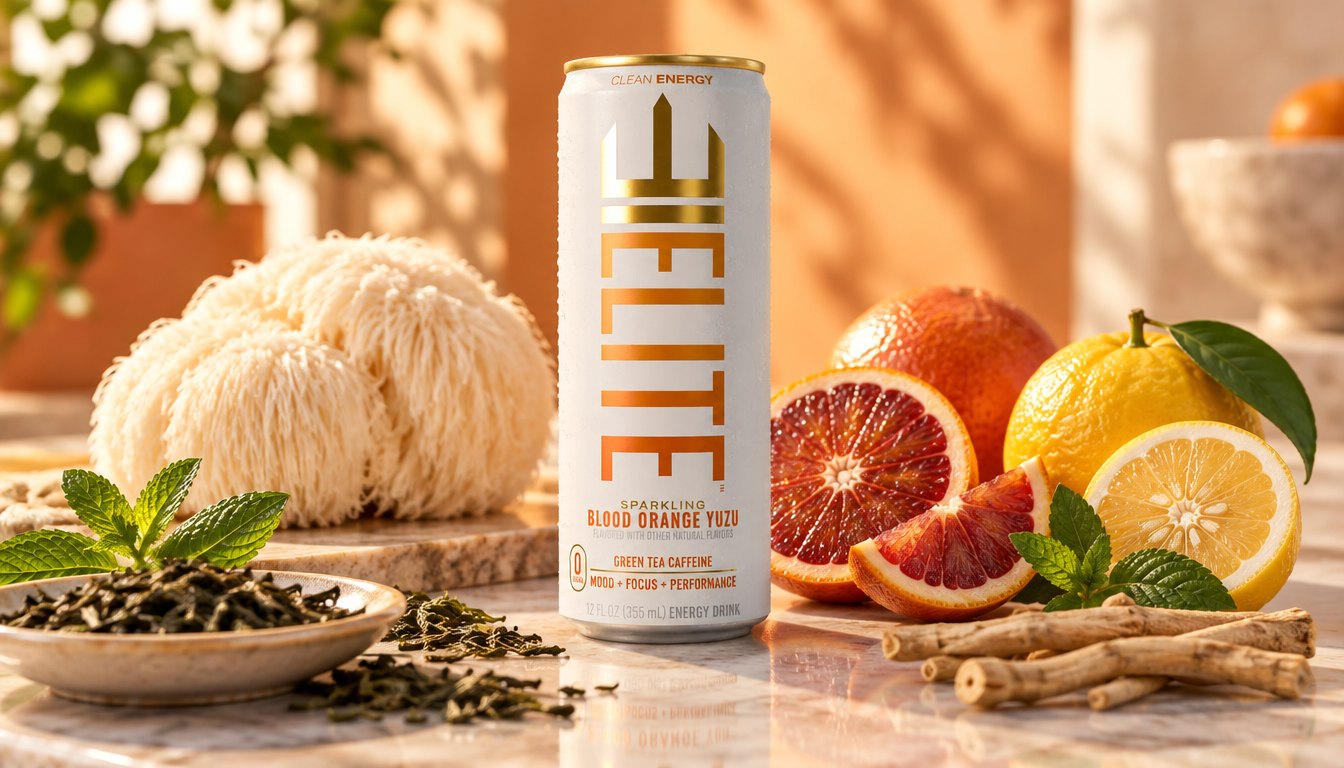 A Blood Orange Yuzu ELITE Energy can surrounded by its ingredients: green tea, Lion's Mane, ashwagandha and stevia