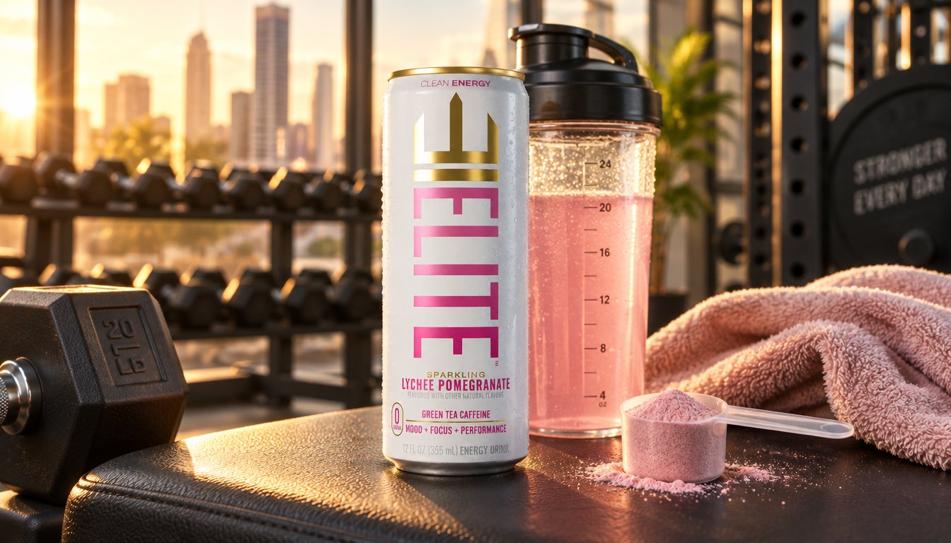 A Lychee Pomegranate ELITE Energy can beside a pre-workout scoop and shaker bottle in a gym