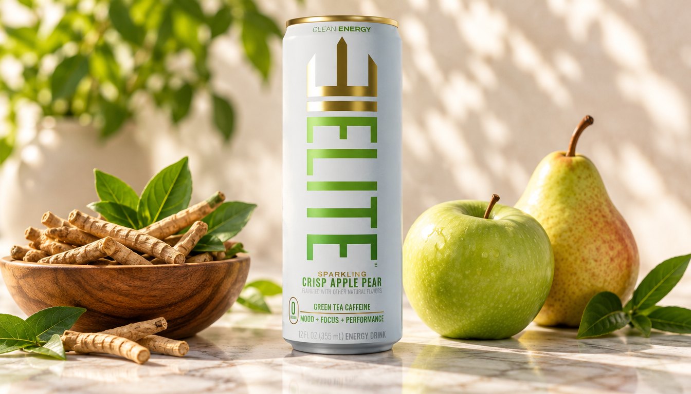 Ashwagandha roots and leaves in a bowl beside a Crisp Apple Pear ELITE Energy can