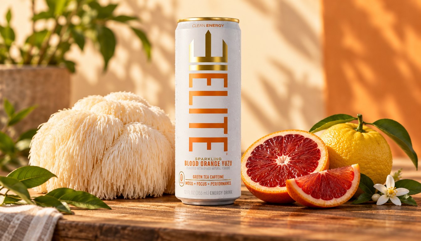 A fresh Lion's Mane mushroom beside a Blood Orange Yuzu ELITE Energy can