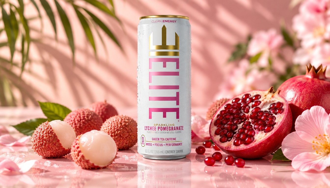 A Lychee Pomegranate ELITE Energy can spotlighted in front of other cans