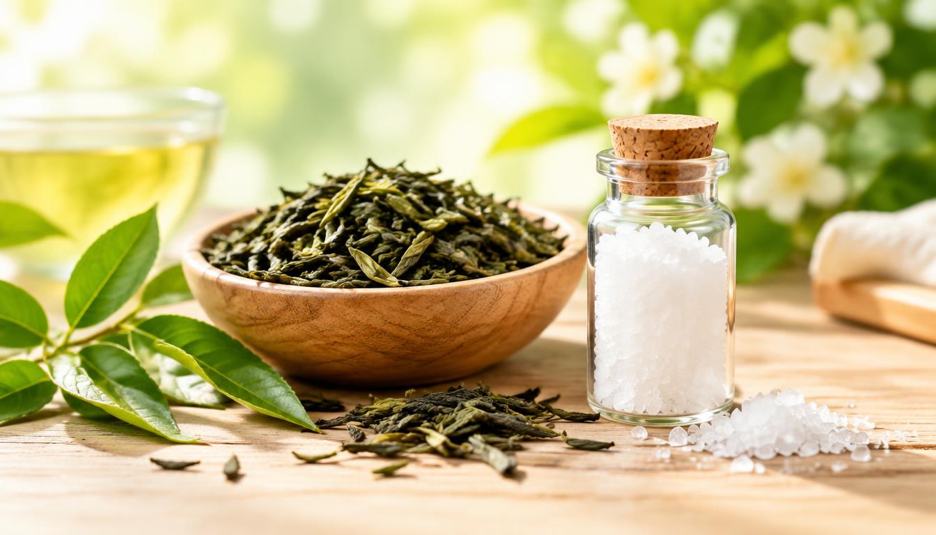 Green tea leaves beside a glass vial of taurine crystals