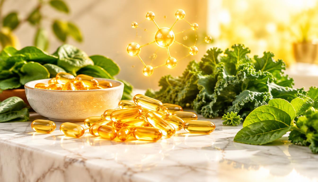 Golden B-vitamin capsules and leafy greens with a glowing molecular structure