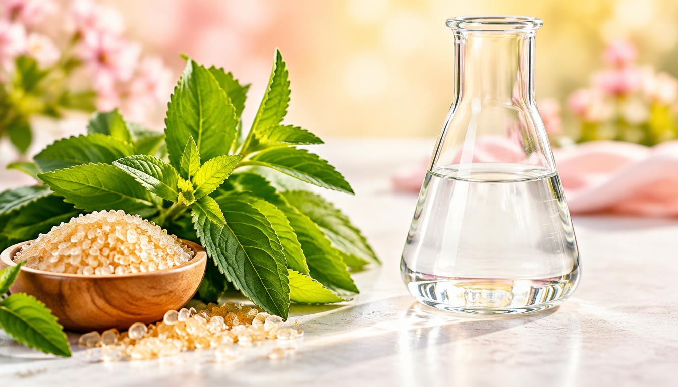 Natural stevia and sugar crystals beside a laboratory flask of synthetic sweetener