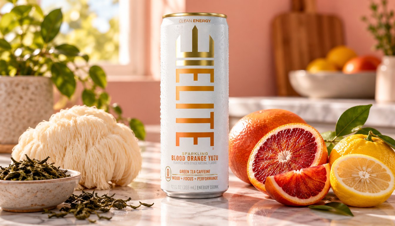 A Blood Orange Yuzu ELITE Energy can beside Lion's Mane mushroom and green tea leaves