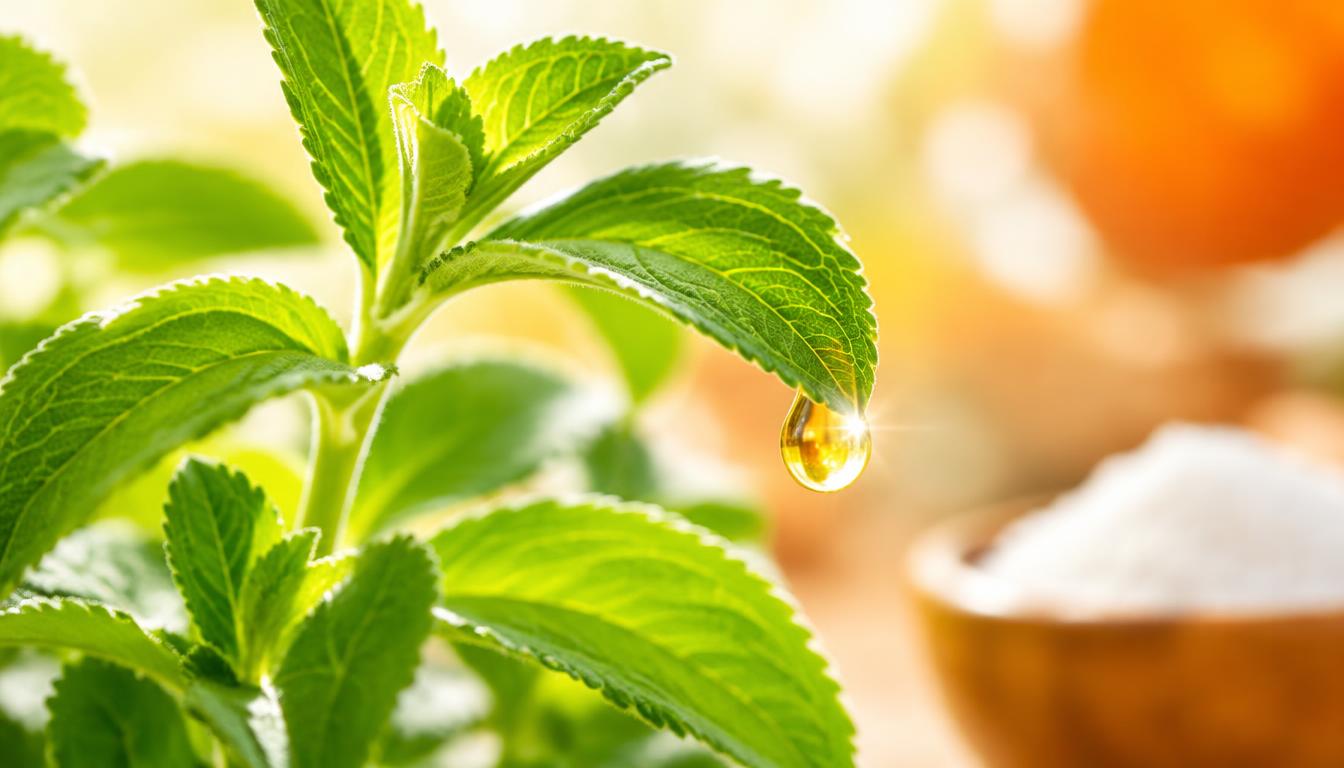 Fresh stevia leaves with a golden droplet, the source of Reb-M sweetener